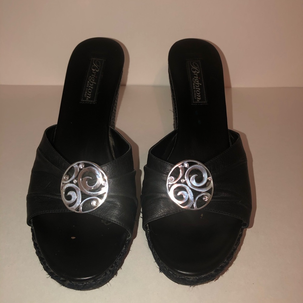 BRIGHTON Womens 9 Black Leather Espadrille Wedges
